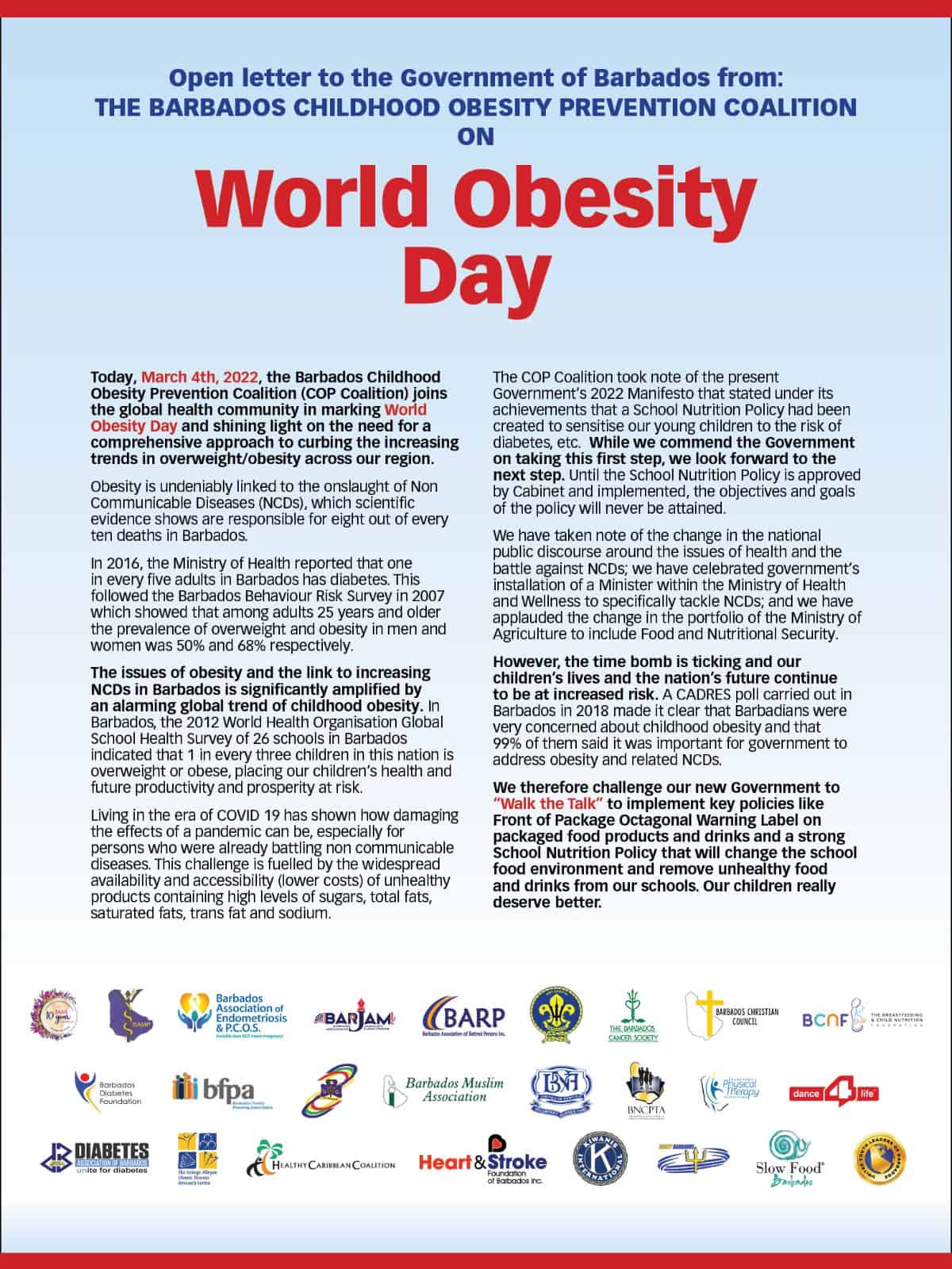 World Obesity Day - World Obesity Day Open letter to the Government of Barbados from the Childhood Obesity Prevention Coalition